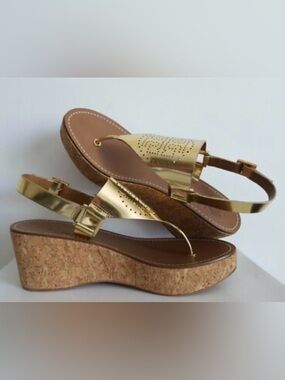Tory Burch Leather Metallic Gold Thong Slingback Platform Sandals Sz 10 Like NEW